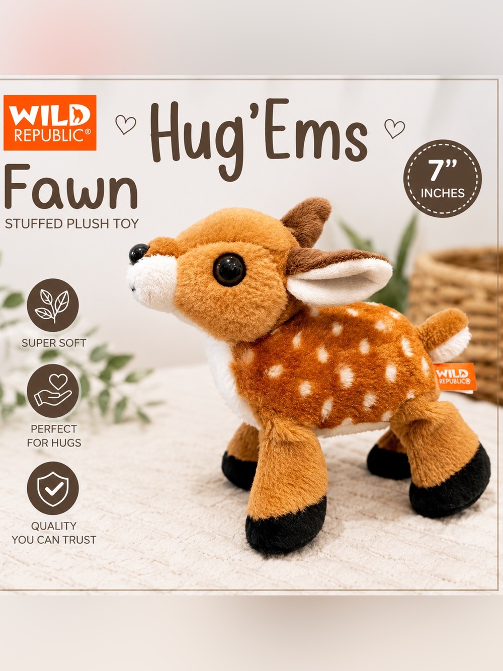 Wild Republic Hug’Ems Fawn Deer Plush 7” Brown Spotted Stuffed Animal